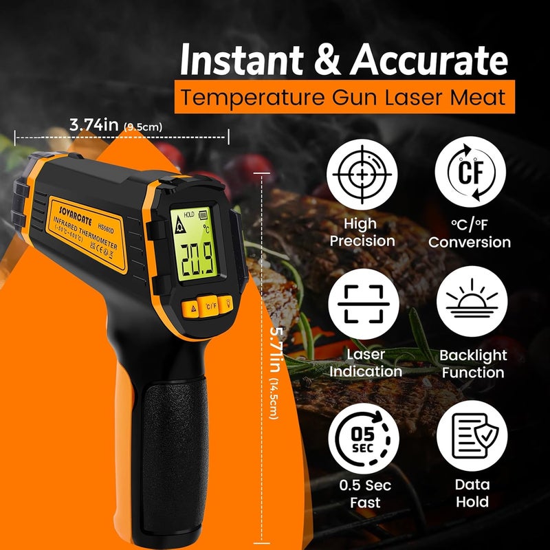 SOVARCATE Infrared Thermometer Digital Temperature Gun Laser Meat Thermometer for Cooking, Food, Pizza Ovens, Grilling, Engine, Candy, Laser Griddle, Indoor HVAC Refrigerator Tool -58°F to 1112°F (-50℃~600℃) - Image 2